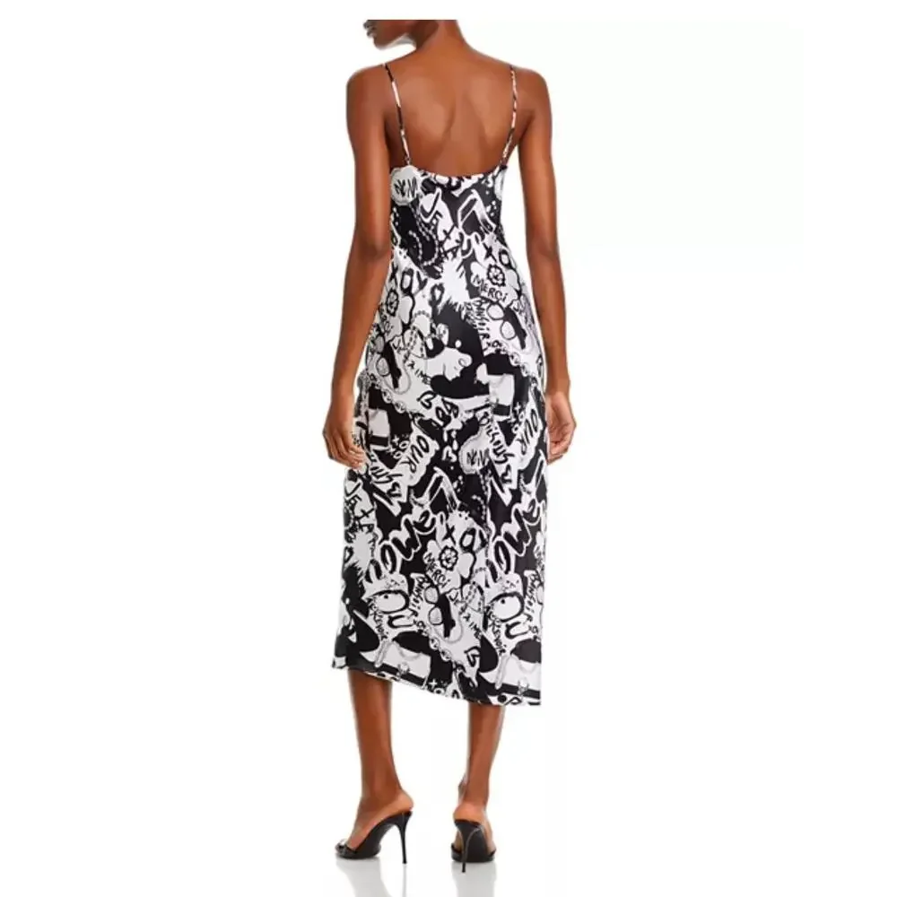 L'AGENCE Seridie Silk Midi Slip Dress - Black/White Graffiti size 10 (new) - Picture 2 of 8
